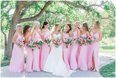 Light Pink Bridesmaid Dresses With Bright Flowers, Medium Pink Bridesmaid Dresses, Peony Pink Bridesmaid Dresses, Pink Pastel Bridesmaid Dresses, Bubble Gum Pink Bridesmaid Dresses, Wedding Party Color Ideas, Light Pink Bridesmaid Dress, Bubble Gum Pink Wedding, Light Pink Wedding Ideas