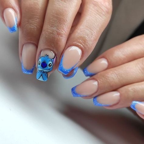 Gel Nails Disney, Stitch Nails Disney, Nail Art Stitch, Disney Gel Nails, Stitch Nails, Animation Nails, Ongles Gel French, Cowboy Nails, Disney Inspired Nails