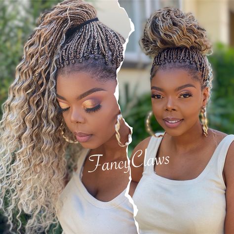 Side Ponytail Braids Black Women, Braid Extensions Black Women Ponytail, Black And Blonde Hair Black Women Braids, Braids With Mostly Curls, Braided With Curls Hairstyles, Micro Blonde Braids, Layered Passion Twist, Blond Braids For Black Women, Dark Skin Blonde Braids