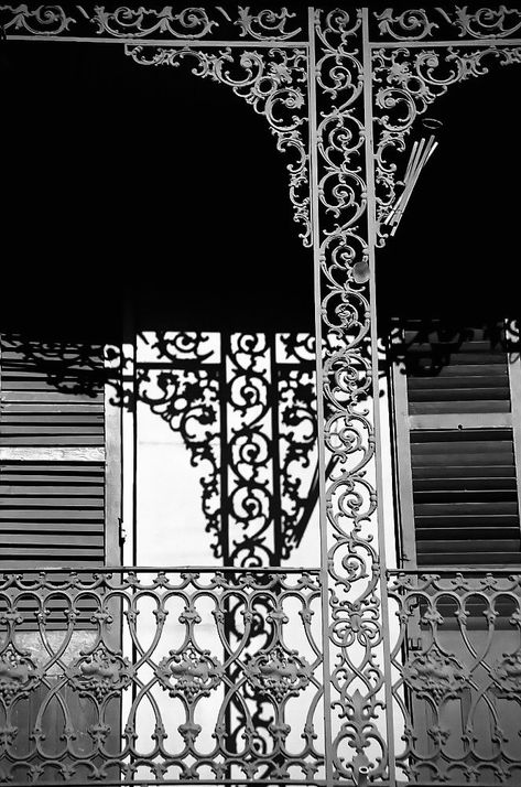 New Orleans Balconies, Fleur De Lis Iron Railing, New Orleans Wrought Iron, New Orleans Iron Work, New Orleans Aesthetic French Quarter, New Orleans Balcony, Wrought Iron Porch Railings, Charleston Architecture, Porch Appeal