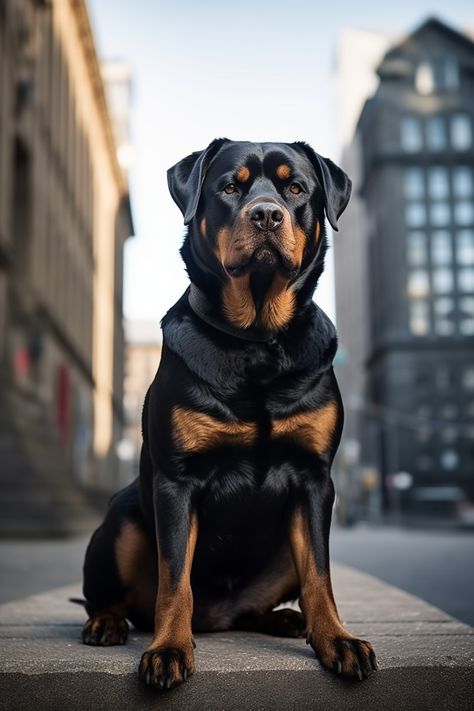 a photography of a rottweiler dog in a city background, street and buildings. Rottweiler Aesthetic, Urban Dog, Big Dog Breeds, Dog Aesthetic, Dog Frames, City Dog, Rottweiler Dog, Dog Wallpaper, Big Dog