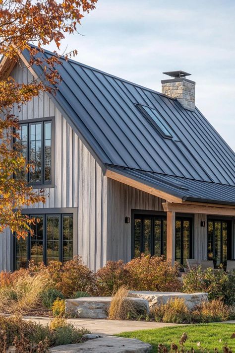 38 Sleek Modern Houses with Zinc Roofs Wood Siding Metal Roof, Modern Mountain Exterior Homes, White House With Grey Metal Roof, Galvanized Roof Modern Farmhouse, Black Metal Roof Farmhouse, Amish Built Homes, Metal Roofs On Houses, Metal And Shingle Roof Combination, Steel Siding Exterior House