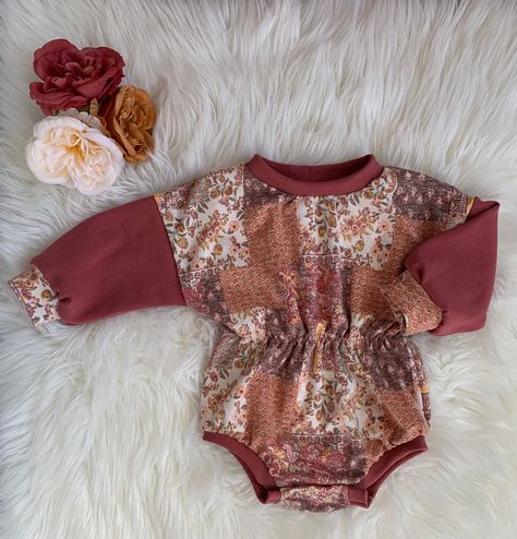 Burgundy & Patchwork French Terry Sweater Romper with snap closures  Made to order in sizes NB through 5t. Turn over time is 10-14 Business days.  Cinched Waist option Sweater Romper, Dream Kids, Patchwork Sweater, Western Babies, Baby Fits, Baby Outfits, Girl Mom