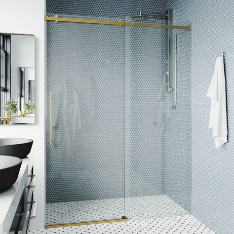 Gold Shower Door, Frameless Sliding Doors, Bathroom Basement, Frameless Sliding Shower Doors, Bathroom Upstairs, Glass Shower Door, Frameless Shower Door, Colonial Farmhouse, Bathtub Doors