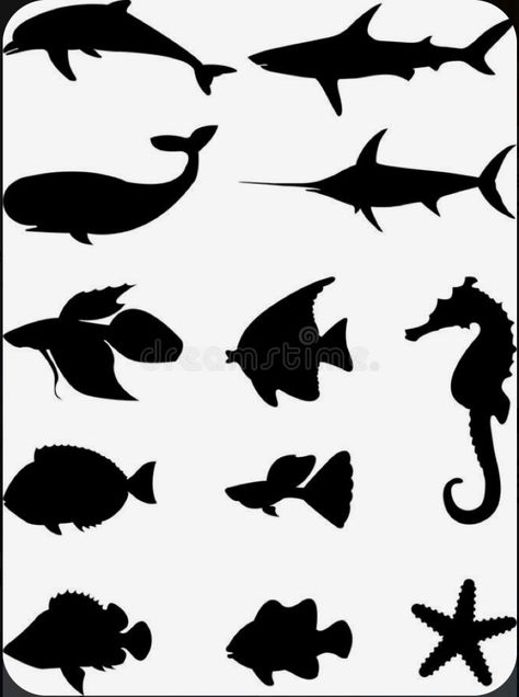 Sea Animal Cutouts, Fish Silouttes, Ocean Animal Silhouette, Sea Monster Silhouette, Sea Creatures Template, Sea Creature Silhouettes, Sea Life Silhouette, Fish Sillouhette, Diy Ocean Decorations