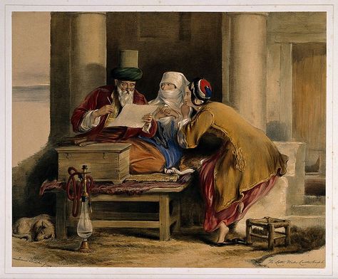 1840.David Wilkie (1785-1841) A Turkish man sits to write a letter as two women watch over his shoulder. Coloured lithograph by J.Nash after D. Wilkie, 1840. Wellcome Collection. David Wilkie, Art Eras, Wellcome Collection, Write A Letter, 19th Century Art, November Birthday, Turkish Men, A Letter, 19th Century