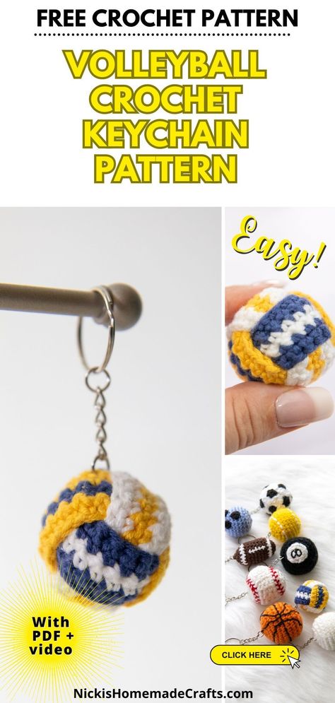 This free pattern and video tutorial will show you how to make a volleyball crochet keychain. It's the perfect quick gift for volleyball players or sports lovers. Get the crochet pattern free from Nicki's Homemade Crafts. #crochetkeychain #sportscrafts Crochet Kettlebell Pattern Free, Pool Ball Crochet Pattern, Sports Diy Crafts, Crochet Sports Balls, Crochet Volleyball Pattern Free, Softball Crochet Patterns Free, Crochet Soccer Ball Keychain, Crocheted Patterns Free, Crochet Pattern Free Keychain