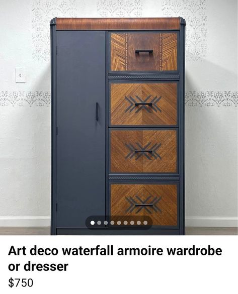 Refinished Bedroom Furniture, Armoire Repurpose, Painted Furniture Cabinets, Waterfall Furniture, Art Deco Dresser, Armoire Makeover, Revamp Furniture, Refinishing Furniture Diy, Wooden Wardrobe