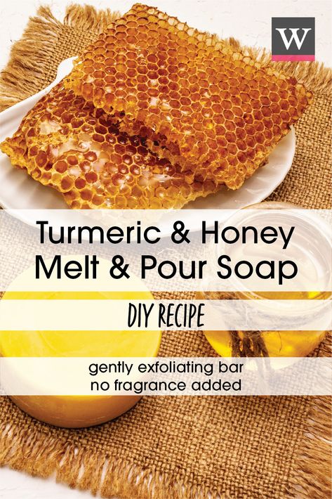 This recipe makes a  gentle, exfoliating soap bar that lathers thick and creamy! The golden natural color comes from the honey soap base, turmeric powder, and honey powder. Turmeric Honey Soap Recipe, Melt And Pour Tumeric Soap Recipes, Turmeric And Honey Soap, Turmeric Honey Soap Diy, How To Make Turmeric Soap, Turmeric Soap Recipe, Honey Soap Diy, Honey Soap Recipe, Herbal Bath Recipes