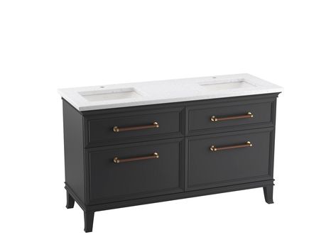 The Artifacts bathroom vanity set features an all-drawer cabinet, Silestone® quartz vanity top, two Caxton undermount sink, and decorative hardware. Bathroom Centerpiece, Quartz Vanity, Style Bookcase, 36 Bathroom Vanity, Quartz Vanity Tops, Soft Close Drawer Slides, Bathroom Vanity Cabinet, Undermount Sinks, Cabinets And Countertops