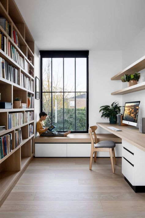 Re:model Home Study Rooms, Window Seat Design, Office Built Ins, Modern Home Offices, Study Room Design, Small Home Offices, Office Nook, Office Guest Room, Guest Room Office