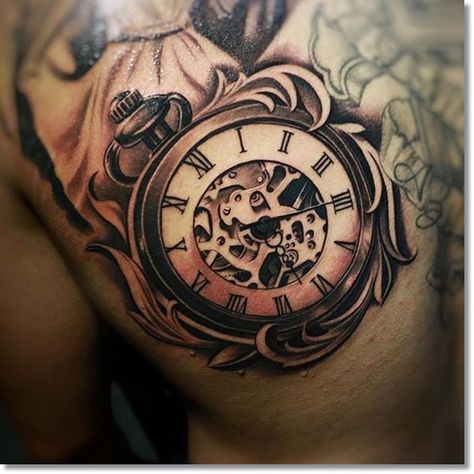 75 Brilliant Pocket Watch Tattoo Designs Ever Made Time Piece Tattoo, Pocket Watch Tattoo Design, Tatuaje Trash Polka, Watch Tattoo Design, Pocket Watch Tattoos, Watch Tattoo, Clock Gears, Kunst Tattoos, Pocket Watch Tattoo