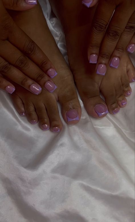 By @nailssbytaya Shorties Nails And Toes Set, Purple French Tip Pedicure, All Pink French Nails, Purple French Tips Short, Shorties Nails Purple, Lilac Toe Nails, Matching Mani And Pedi, Manicure And Pedicure Ideas Matching, Big Toe Design