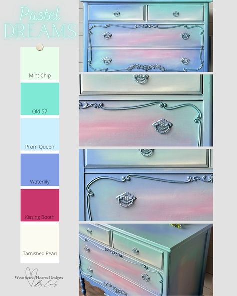 A pastel rainbow color palette featuring bright minty greens, periwinkle, and pink Pastel Painted Furniture, Rainbow Color Palette, Diary Diy, Dream Painting, Furniture Refinishing, Furniture Painting, Paint Finish, Diy Paint, Rainbow Color