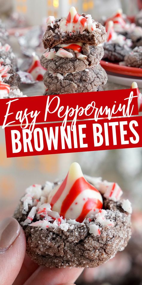 Easy Peppermint Brownie Bites! The Best Peppermint Brownie Cookies from a box of Brownie Mix! Dark Chocolate Brownie Mix Cookies topped with crushed candy canes or peppermints and a peppermint kiss! The PERFECT Christmas Cookies or Easy peppermint brownie recipe! #lemonpeony #peppermint #candycane #browniemixcookies #easychristmascookies Easy Brownie Bites, Peppermint Brownie Bites, Peppermint Brownies Recipe, Peppermint Brownie Cookies, Peppermint Brownie, Peppermint Dessert, Brownie Bites Recipe, Brownie Mix Cookies, Peppermint Recipes