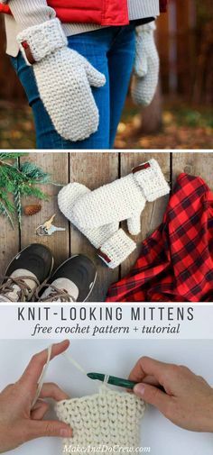 Looks so much like knitting! This free crochet mitten pattern uses the waistcoat stitch (aka the center single crochet stitch) to create a classic knit look. And the Lion Brand Fishermen's Wool makes them naturally water resistant! Get the free Morning Mittens pattern from Make & Do Crew. via @makeanddocrew #crochetmittens #knitlikecrochet Crochet Mitts, Mitten Pattern, Crochet Mittens Pattern, Crochet Tutorial Pattern, Bonnet Crochet, Crochet Mittens, Wool Mittens, Haken Baby, Mittens Pattern