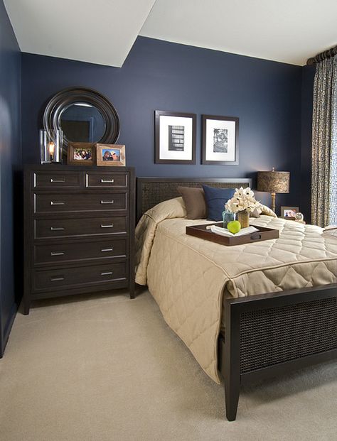 Sample navy blue and brown bedroom in an EYA townhome in Washington, DC. Learn more about EYA at http://www.EYA.com. Navy Blue Bedroom Walls, Navy Blue Bedroom Decor, Dark Blue Bedroom Walls, Brown Furniture Bedroom, Blue Bedroom Walls, Dark Blue Bedrooms, Navy Blue Bedrooms, Blue Bedroom Decor, Apartment Bedroom Decor