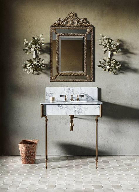 Wall Mount Marble Sink Powder Room, Natural Bathrooms, Small Powder Room Sink, Style A Bathroom, Bathroom Washstand, Mirrors And Lights, Water Monopoly, Mallorca Villa, Bathroom Wall Coverings