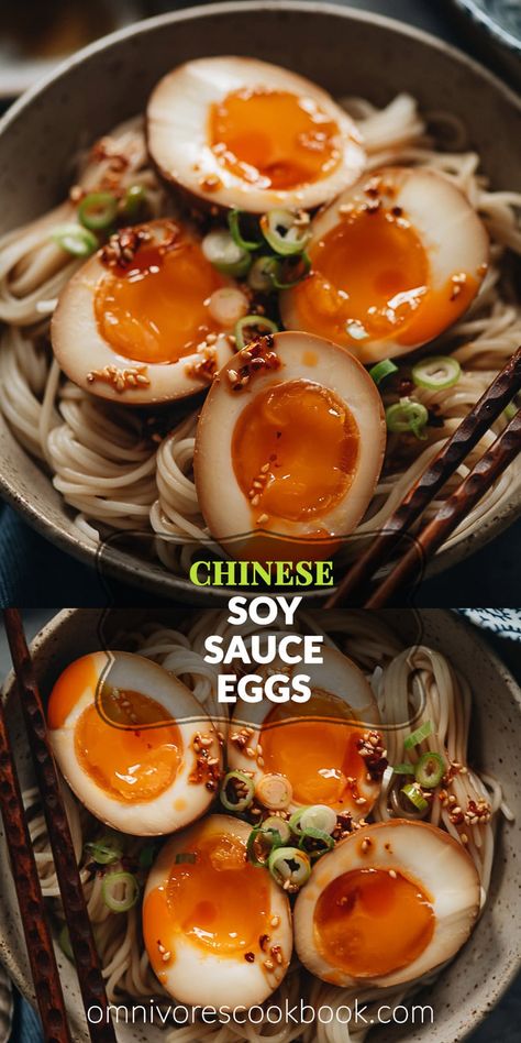 A super easy Chinese soy sauce eggs recipe with soft-boiled and hard boiled eggs that features a well balanced marinade that is savory, fragrant, and slightly sweet. I also included a few ideas to use these soy sauce eggs to make a fast one-bowl meal. {Gluten-Free adaptable} Asian Eggs, Ramen Eggs, Soy Sauce Eggs, Soy Eggs, Glass Noodles, Easy Chinese, Eggs Recipe, Homemade Chili, Chinese Recipes