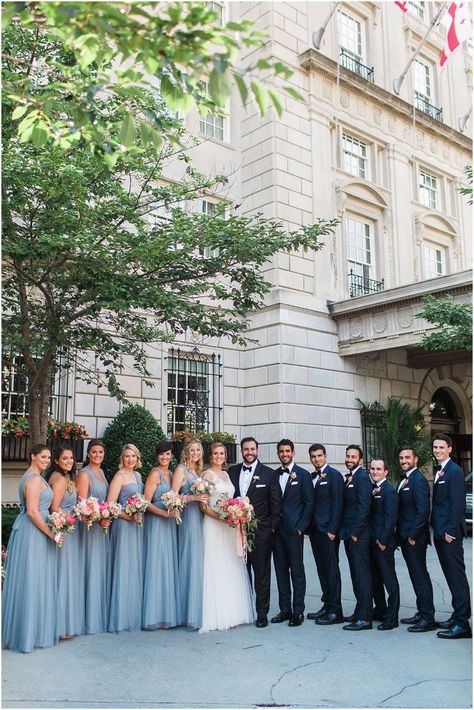 Navy Bridal Party, Navy Bridal Parties, Bridal Party Beach, Amsale Bridal, Blue Groomsmen, Bridal Party Groomsmen, Light Blue Bridesmaid, Bridesmaids Ideas, Dark Blue Wedding