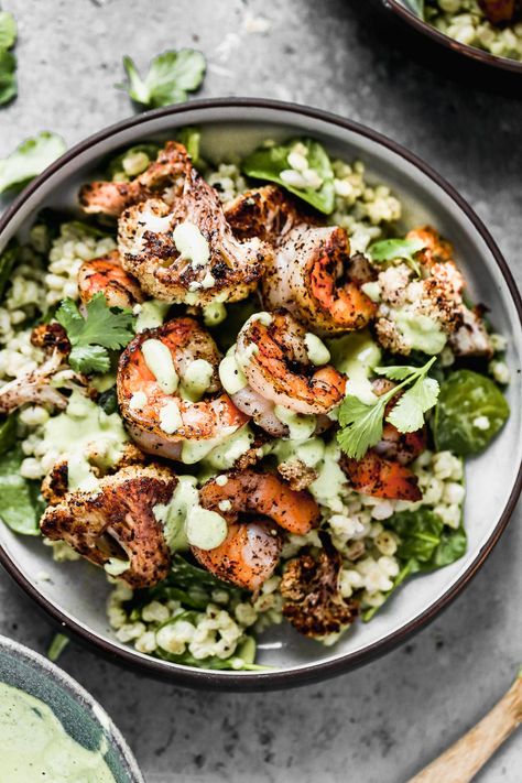 Tahini Shrimp Bowls - Cooking for Keeps Shrimp Tahini Bowl, Health Dinner Shrimp, Shrimp Grain Bowl, Shrimp Power Bowl, Prawn Rice Bowl, Tahini Shrimp, Prawn Recipes Healthy, Shrimp Bowls Healthy, Tahini Bowl