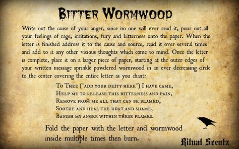 Ease and release the bitterness of anger, hurt and pain with wormwood. http://ritualscentz.blogspot.com/2014/10/wormwood-spell-powder.html Spell Writing, Celtic Witch, Types Of Trees, Home Cleansing, A Is For Apple, Magickal Herbs, Forest Nymph, Broom Closet, Witchcraft Books