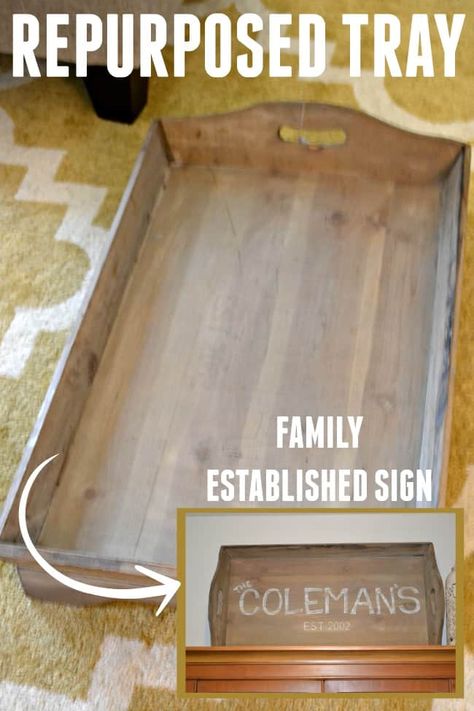 How to turn a tray into a family established sign. Repurpose new or old items to fit your needs. Make Wooden Signs, Diy Marquee Letters, Family Established Sign, Wooden Signs With Sayings, Established Family Signs, Signs With Sayings, Wooden Trays, Easy Diy Home Decor, Paint On Wood