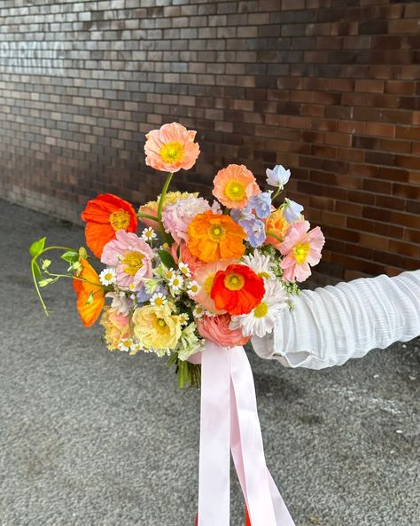 A bridal bouquet with every colour poppy? Absolutely! 💛🧡🩷❤️ California Native Flower Bouquet, Poppies And Hydrangeas, Wedding Flowers Poppies, Unique Wedding Flower Ideas, Poppy Wedding Flowers, Wedding Poppies, Homecoming Bouquet Ideas, Poppy Wedding Bouquet, Poppy Flower Wedding