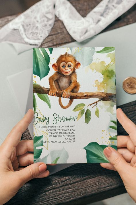 Editable Monkey Baby Shower Invitation Monkey Baby Shower party Invitation boy Invite Jungle Monkey Invite digital PRINTABLE SIZE INCLUDED: • 5x7 DEMO THIS TEMPLATE HERE: https://www.corjl.com/d/NF58D Monkey Themed Baby Shower Ideas, Baby Shower Monkey Theme, Baby Party Invitations, Boy Monkey, Jungle Monkey, Baby Shower Party Invitations, Monkey Baby Shower, Monkey Baby, Baby Shower Party