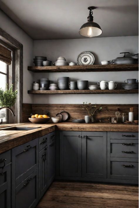 Elegant, traditional kitchen cabinets Grey Kitchen Wood Cabinets, Dark Cabinets Butcher Block Counter, Butcher Block Grey Cabinets, Charcole Cabinet Kitchen, Smokey Grey Kitchen Cabinets, Dark Kitchen With White Cabinets, Dark Grey Cupboards Kitchen, Rustic Painted Kitchen Cabinets, Dark Gray And Wood Kitchen