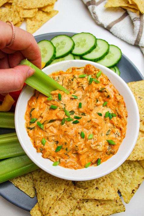 Buffalo Jackfruit Dip, Buffalo Jackfruit, Vegan Buffalo Dip, Seitan Wings, Jackfruit Chicken, Chicken Wing Dip, Vegan Apps, Vegan Dips, Jackfruit Recipes