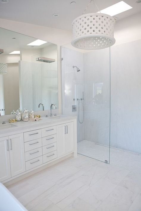 12" x 24" Bianco Dolomite bathroom floor  - Marsh & Clark Design  Photography Fallfoto Dolomite Bathroom, Marble Shower Floor, Shower Skylight, Shower Partition, All White Bathroom, White Marble Bathrooms, Marble Tile Bathroom, Marble Showers, Bathroom Shower Tile