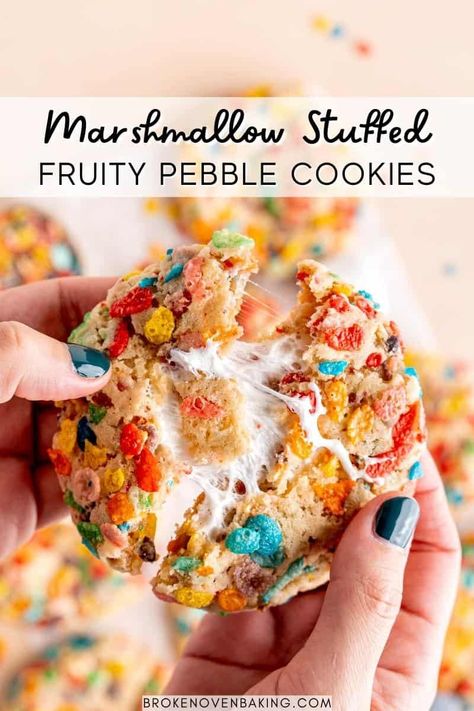 Fruity Pebble Marshmallow Cookies Fruity Pebbles Cake, Pebbles Cake, Fruity Pebbles Cookies, Fruity Pebble Cookies, Fruity Pebble, Fruity Pebbles Cereal, Pebbles Cereal, Cereal Cookies, Cereal Dessert