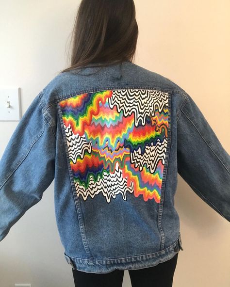 Painted watercolor denim jacket acrylic custom jean Painted Demin Jackets, Denim Jacket Back Painting, Diy Painted Denim Jacket, Denim Jacket Art Paint, Painting Jean Jacket, Custom Denim Jacket Paint, Painting Denim Jacket, Painted Denim Vest, Denim Jacket Art