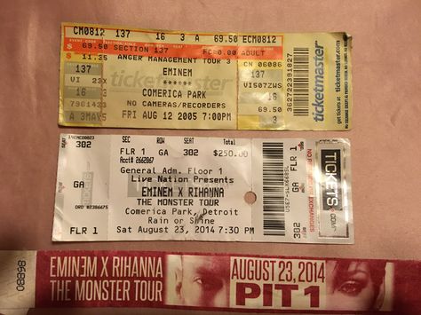 2 of my ticket stubs from Eminem concerts. I've been to 3, the first one was after 8 mile came out. All in Detroit since I do live in Michigan. He puts on an amazing show!! Eminem Concert Tickets, Eminem Concert, 8 Mile, Concert Ticket, Bday Gift, Ticket Stubs, Detroit Michigan, Anger Management, Concert Tickets