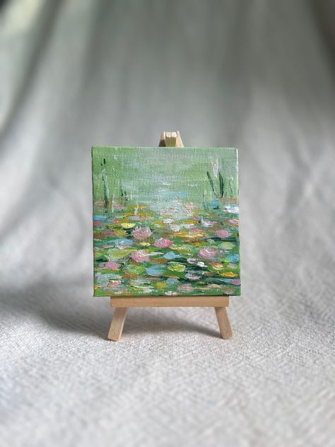 Acrylic Painting Water, Painting On Small Canvas, Painting Water Lilies, Working Desk, Mini Easel, Oil Painting Inspiration, Painting Water, Tiny Art, Miniature Paintings