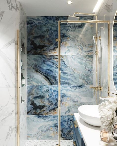 Blue Marble Bathroom, Bathroom Tiles Design Ideas, Marble Walls, Classroom Wall Decor, Bathroom Decor Luxury, Washroom Design, Cheap Bathrooms, Bathroom Design Inspiration, Bathroom Tile Designs