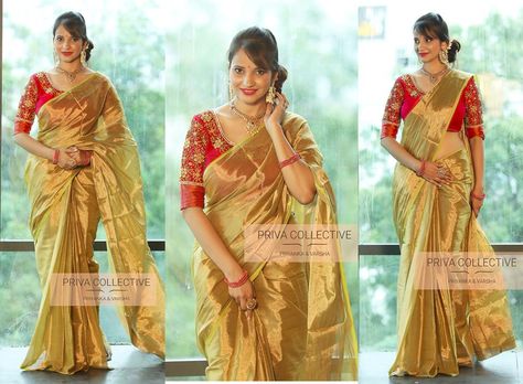 priva collective sarees Gold Blouse Designs, Gold Silk Saree, Latest Silk Sarees, Golden Saree, Half Saree Lehenga, Pattu Saree Blouse Designs, Cotton Sarees Online, Saree Blouse Neck Designs, Modern Saree