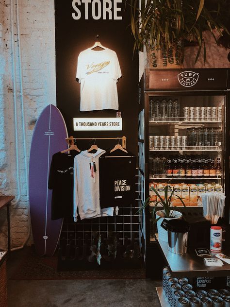 Coffee Surf Shop, Skate Shop Aesthetic, Surf Coffee Shop, Surf Shop Interior, Surf Bar, Surf Cafe, Surf Boutique, Logo Design Coffee, Surf Store