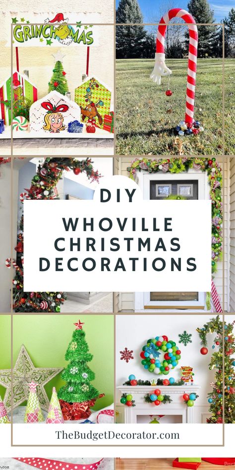 Love The Grinch? Create a Whoville inspired wonderland with your Christmas decorations this year! We've got ideas for Whoville ornaments, trees, and Christmas villages in our new post! Decorate Like Whoville, Cardboard Whoville House, Whoville Table Decorations, Whoville Christmas Decorations Diy Decorating Ideas, Diy Whoville Village, Whoville Hallway Decorations, Whoville Ornaments, Whoville Office Decorating Ideas, Whoville Houses Diy