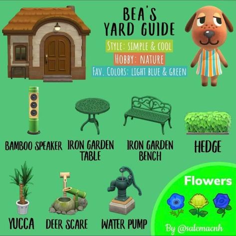 Bea Yard Guide Acnh, Bamboo Speaker, Design A Garden, Garden Hedges, Animal Crossing Guide, Acnh Design, Animal Crossing Characters, Qr Codes Animal Crossing, Animal Crossing Villagers