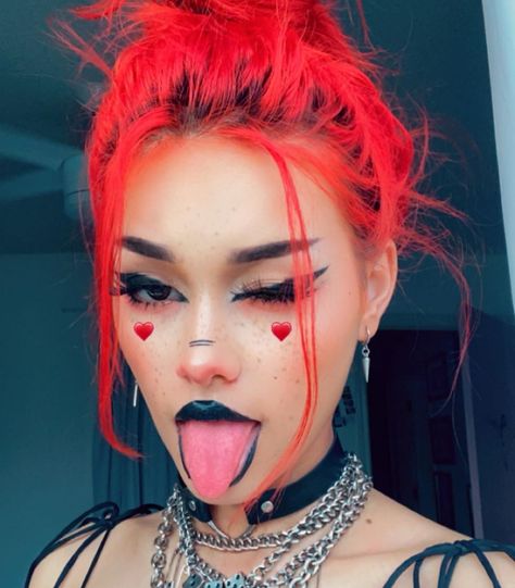 Red Egirl Make Up, Red Festival Makeup, Red Egirl, Egirl Make Up, Queen Of Hearts Makeup, E Girl Hair, E Girl Makeup, Indie Outfits Aesthetic, Egirl Makeup