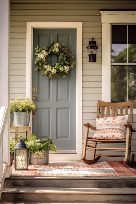 40+ Cozy and Beautiful Farmhouse Front Porch Inspirations Statement Front Door Farmhouse, Vintage Front Porch Ideas, Asymmetrical Front Porch, Wide Front Porch Steps Farmhouse, Create A Front Porch, Vintage Rocking Chair Front Porch, Simple Front Porch Ideas, Tiny Front Porch Ideas, Small Barn Jouse Front Porch Barn Doors