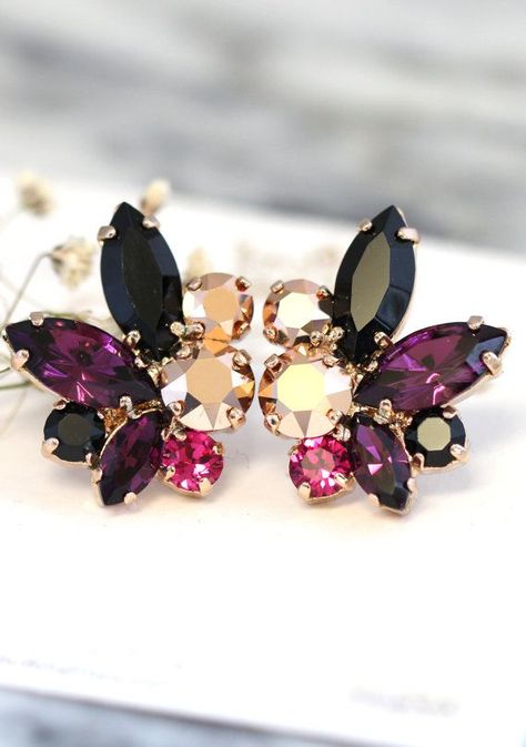 Purple Black EarringsSwarovski Purple Rose Gold Gold Earrings Bridal, Bridesmaid Gifts Earrings, Bridesmaids Earrings, Cocktail Earrings, Gold Bridal Earrings, Purple Earrings, Purple Rose, Swarovski Earrings, Black Earrings