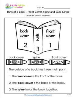 Parts of a Book - Front Cover, Spine and Back Cover Parts Of A Book Worksheet, Skill Ideas, Book Worksheet, Kindergarten Vocabulary, School Library Lessons, Kindergarten Library, Reading Kindergarten, Concepts Of Print, Library Lesson Plans