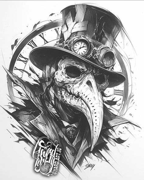 Skull Hat Tattoo, Black And Grey Dark Tattoos, Steampunk Plague Doctor Tattoo, Horror Animal Tattoo, Plague Doctor Tattoos, Spider Web Chest Tattoo Female, Skull Flash Art, Plauge Doctor Drawings, Doctor Tattoo Ideas