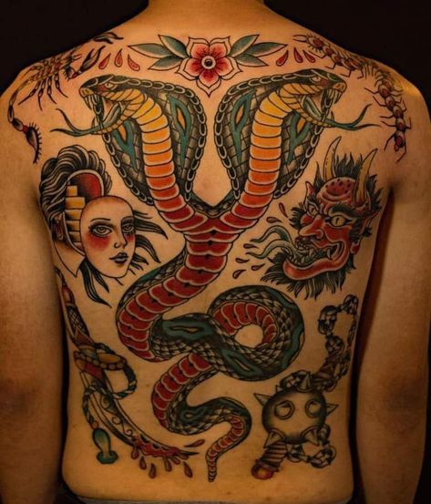 American Traditional Tattoos: History, Meanings, Artists & Designs American Traditional Symmetrical, Hip Tattoo American Traditional, Back Tattoos American Traditional, American Traditional Back Tattoos Women, Traditional Tattoos Backpiece, Traditional Backpiece Tattoo, American Traditional Chest Piece, Cobra Reference, Back Tattoo Traditional