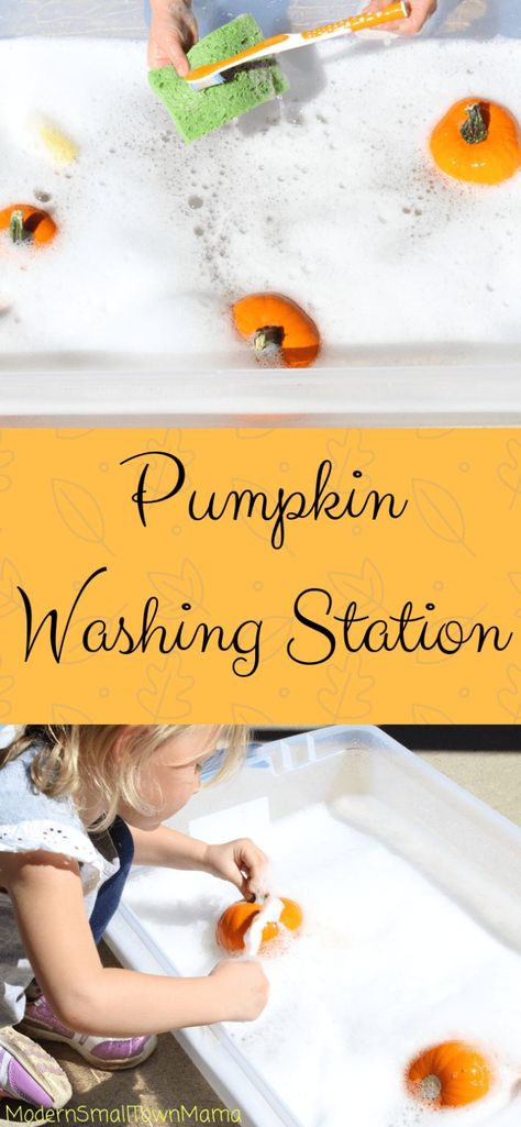 Pumpkin Washing Station the Pumpkin Washing, Halloween Activities For Babies, Easy Halloween Activities, Fall Activities For Preschool, Playgroup Ideas, Fall Activities For Kids, Halloween Activities For Toddlers, Fall Sensory Bin, Fall Sensory