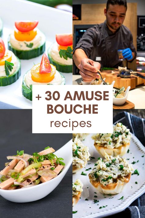 Appetizer Recipes Fine Dining, French Amuse Bouche Ideas, Fancy Amuse Bouche, Canape Menu Ideas, Gourmet Small Bites, Two Course Meal Ideas, Gourmet Appetizers Fine Dining Parties, Small Plate Menu Ideas, Gourmet Fingerfood Ideas