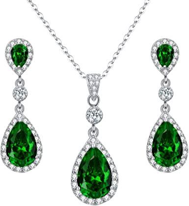 EleQueen 925 Sterling Silver Full Cubic Zirconia Teardrop Bridal Pendant Necklace Dangle Earrings Set Christmas Jewerly, Bridal Pendant Necklace, Teardrop Jewelry, Bridal Pendant, Women's Jewelry Sets, Emerald Color, White Gold Jewelry, Teardrop Necklace, Christmas Gift Jewelry